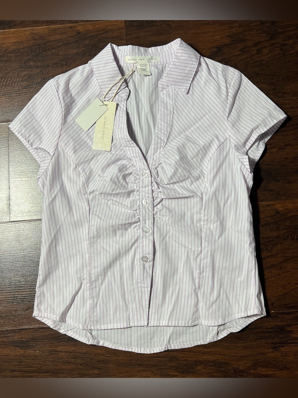 Altar’d State Striped Button Up Blouse Ivory Pink Cap Sleeve Ruched NWT Large